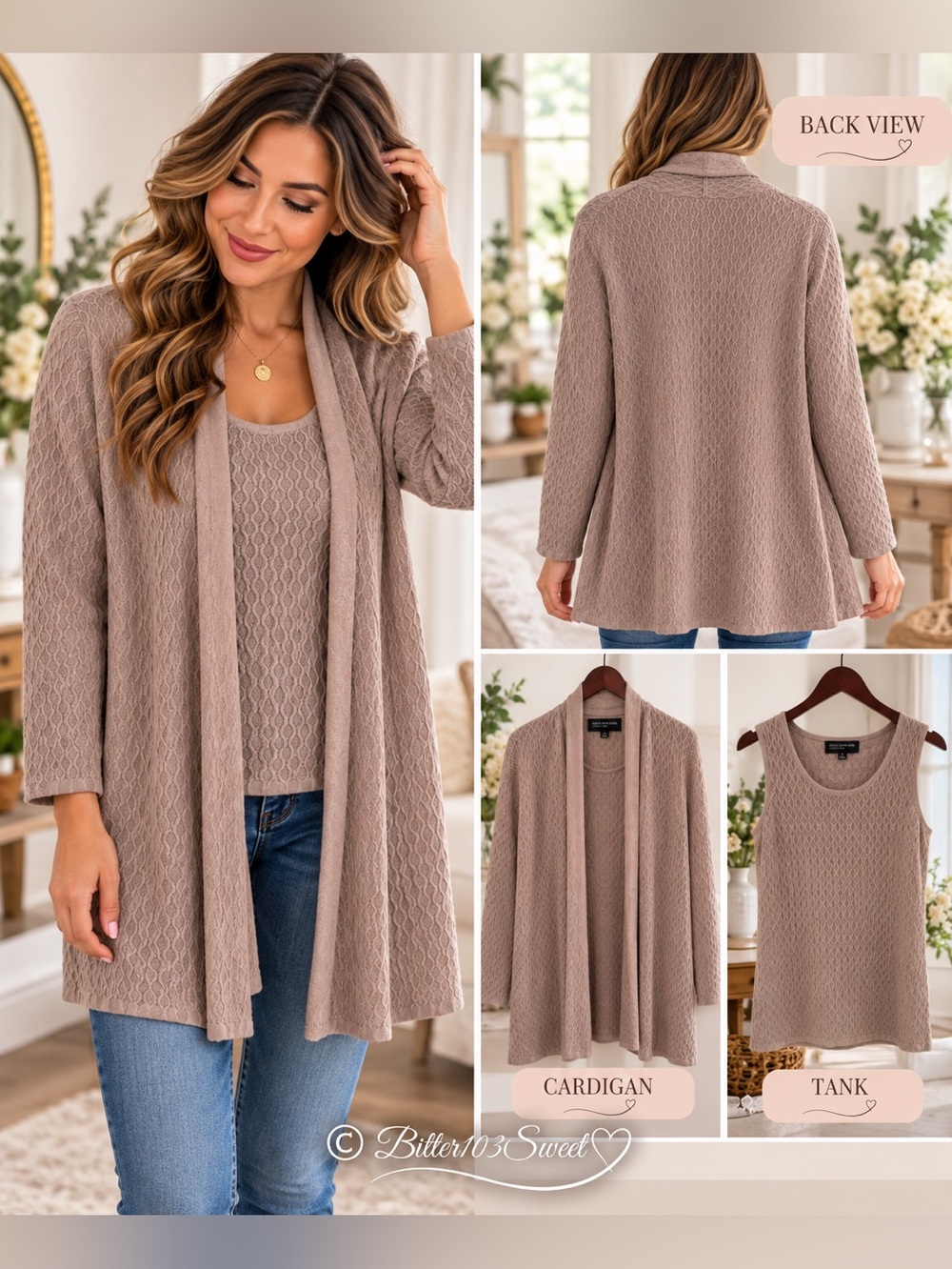 Jones New-York Women's Taupe Knit Cardigan & Tank Set